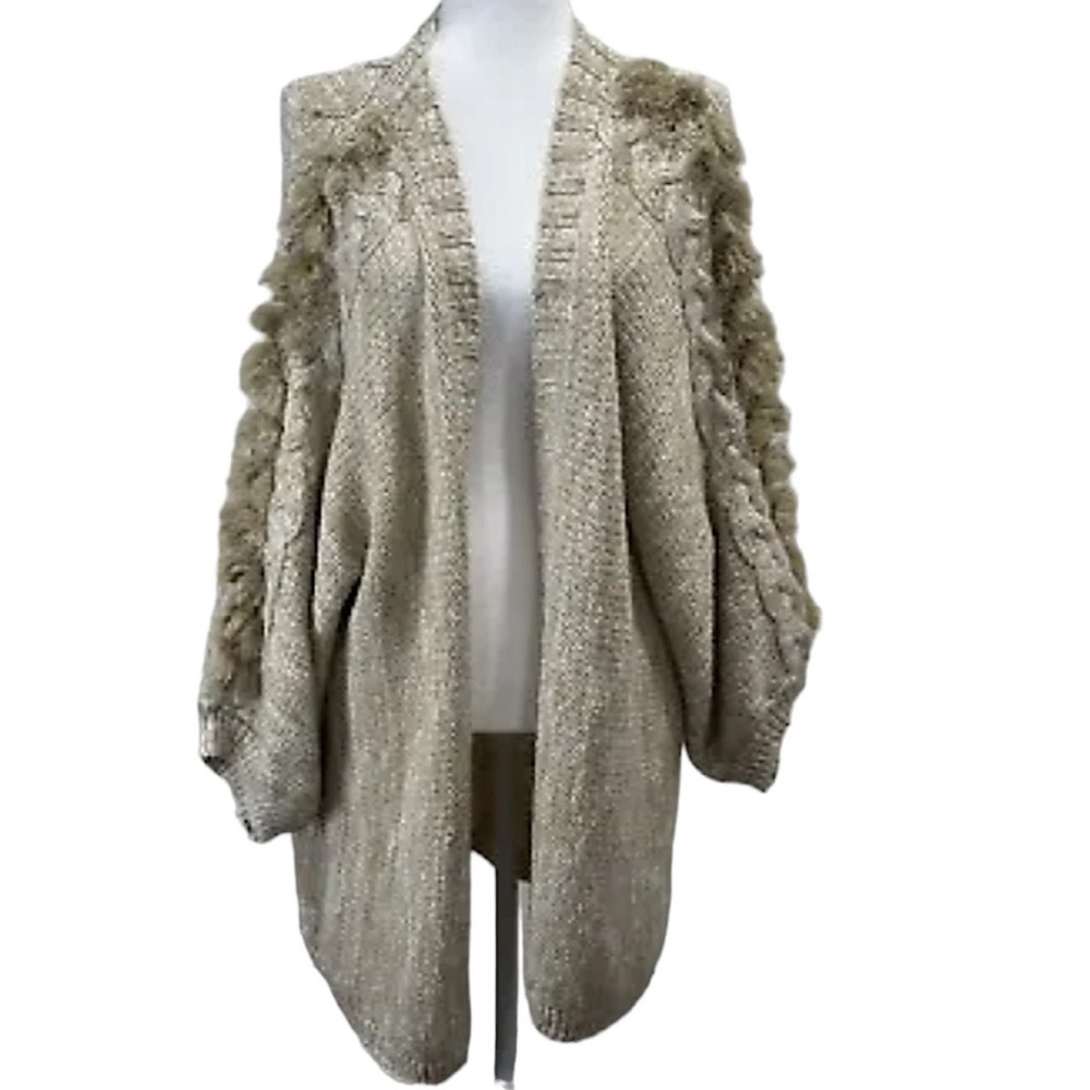 Anthropologie Braided Fringe Sleeve Oversized Beige Cardigan - OS Soft Slouchy